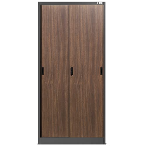 Jan Nowak Aktenschrank Büroschrank mit Schiebetüren Metall 4 Fachböden Pulverbeschichtung Abschließbar 185 cm x 90 cm x 40 cm (Anthrazit/Holzoptik)