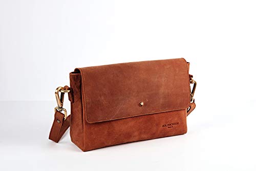 Holzrichter Berlin Umhängetasche (M) - Hochwertige Handtasche & Schultertasche für Damen aus echtem Leder - Cognac