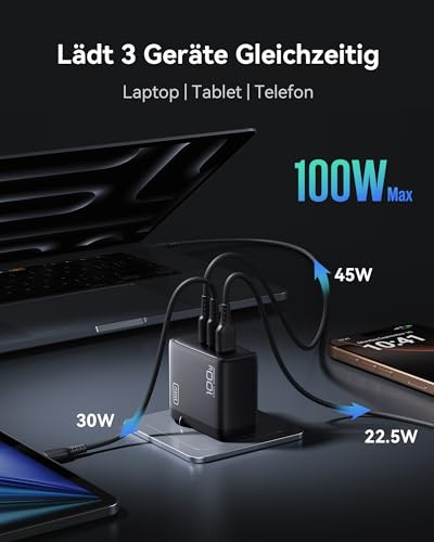 INIU 100W USB C Ladegerät, GaN 3-Ports Schnellladegerät mit USB C Kabel, PD 3.0 Mehrfach Netzteil für MacBook iPad Pro Air, iPhone 16 15 14 Pro Max Plus, Galaxy S24 S23 Ultra, Steam Deck, Google usw