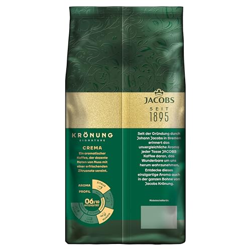 Jacobs Krönung Crema Kaffeebohnen 1kg – Aromatisch, Zitrusnote, Nussig, Arabica & Robusta Bohnen, Intensität 6/10, ideal für Café Crema
