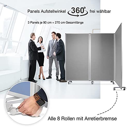 Floordirekt Filz Stellwand mobile Stellwandsystem 3-teilig - Filztafel Pinnwand mit Rollen - Trennwand Raumteiler - Präsentationswand Messewand - doppelseitig nutzbar (180 x 60 x 180 cm, Grau)