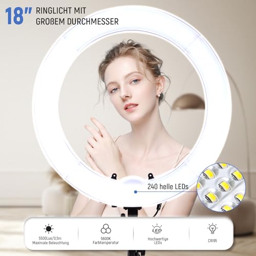 NEEWER Ringlicht mit Stativ Set: 45cm Außen 55W 5600K Dimmbare LED Ringleuchte mit Bluetooth Fernbedienung 75W Ringlicht Soft Cover für Handy/Kamera für YouTube TikTok Self Porträt Foto Make up