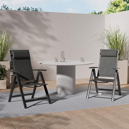 KESSER® Gartenstuhl Hochlehner mit Armlehnen Aluminium Klappstuhl mit Kopfkissen & Cover Campingstuhl 7-Fach Verstellbar Rückenlehne Atmungsaktiv & Wetterfest Klappbar & Anti-Rutsch Anthrazit