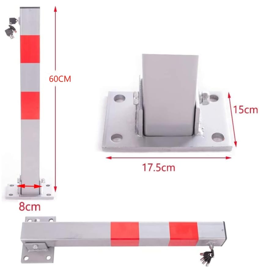 RMAN Parkpfosten Absperrpfosten Klappbar 60cm Parkplatzsperre mit 5 Schlüssel Stahl ParkWatch Parkplatz-Barriere Reflexstreifen Robust Standfuß Sperrpfosten (Silber-Grau-Rot)
