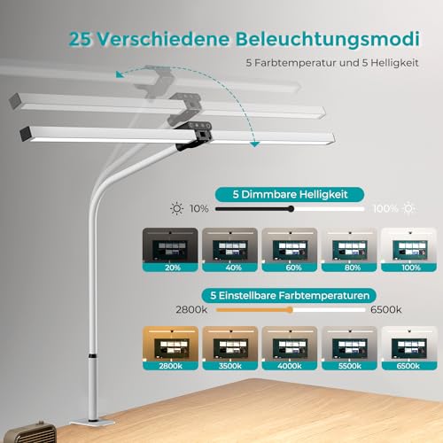 vatato Doppelkopf Schreibtischlampe LED, Dimmbar 24W 80CM Schreibtischlampe für Homeoffice, klemmbar Augenschutz Tageslichtlampe mit Fernbedienungen, 5 Farb 5 Helligkeit Büro Tischlampe (weiß)