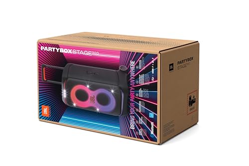 JBL PartyBox Stage 320 in Schwarz – Tragbare Bluetooth-Lautsprecher-Box mit JBL Pro Sound, Lichtshow, KI-Sound-Boost, Rollen und Teleskopgriff – 18 h Laufzeit