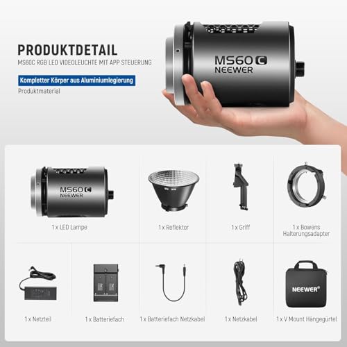 NEEWER LED Videoleuchte Studiolicht 2,4G/APP Steuerung, Ganzmetall Mini Kompakt RGB COB Studio Dauer