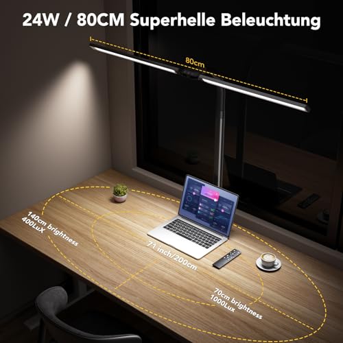 Ehaho 2100LM Schreibtischlampe LED Dimmbar, 24W 80CM Klemmbar Monitor Lampe, 224LED Schwanenhals Homeoffice Büro Tischlampe mit Fernbedienung 10 Farbtemperatur-Helligkeitsstufen für Desk PC