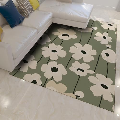 UERWOWELL Cremefarbener Blumenteppich Mid-Century Ästhetischer Teppich Boho Salbei Grüner Teppich für Schlafzimmer rutschfeste Maschinenwäsche Home Office Teppiche Dekor 140x220cm