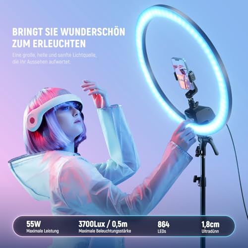NEEWER SRP18C RGB LED Ringlicht Set ultraschlank App Steuerung mit umkehrbarem Licht Ständer, Telefonhalter, Kugelkopf, 2500K–10000K, CRI 95+/TLCI 97, 3700Lux/0,5m 18 Szenen für TikTok/Make up/Gaming
