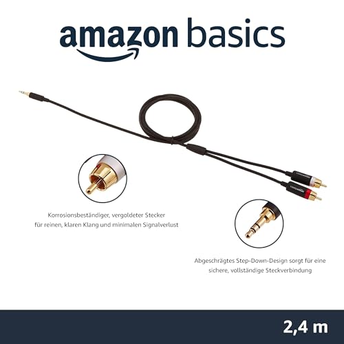 Amazon Basics 3,5 Aux auf 2 x RCA Adapter, Audiokabel für Verstärker, aktive Lautsprecher mit vergoldeten Steckern, 2.4 m, Schwarz