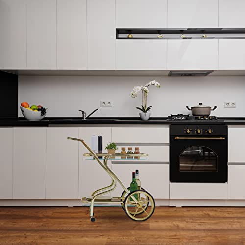 Moderner Servierwagen mit 4 Rollen, 2 Ablagen, Glas- & Eisenkonstruktion, idealer Wagen für Getränke und Snacks, 80 x 43 x 85 cm, Weiß