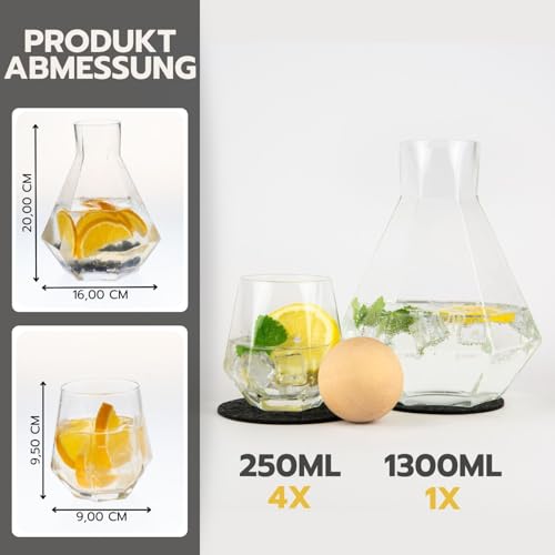 EMVPE Premium Glaskaraffe mit Deckel, 5-teilig, Karaffe (1,3l) und 4 GlĂ€ser (250ml) im Set, edles Diamant-Design, spĂŒlmaschinengeeignet, fĂŒr erfrischende GetrĂ€nke, Bowle