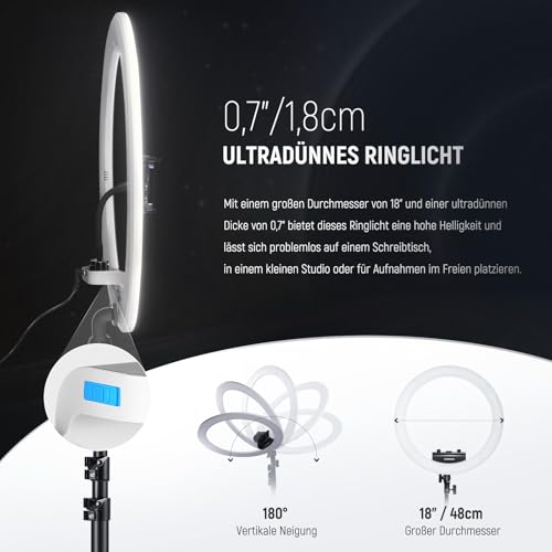 NEEWER Professionelles Ringlicht mit Ständer und Telefonhalter, 18" dünn, 45W 2900K-7000K TLCI98, Fernauslöser und App Steuerung, weichere Beleuchtung für Make up Live Stream TikTok, RP18B Pro Weiß