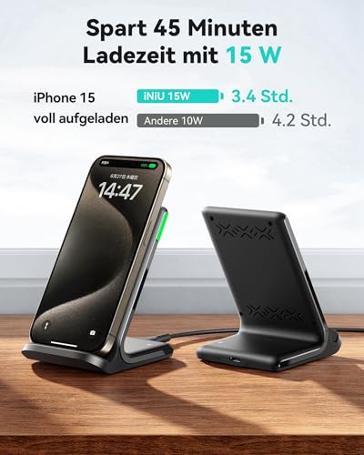 INIU Wireless Charger Stand, 15W Qi Zertifiziert Induktive Ladestation Schnelles Kabelloses Ladegerät Handy Ständer handyhalterung für iPhone 16 15 14 13 12 Pro Max Xr Xs Samsung Galaxy S23 S22 Google