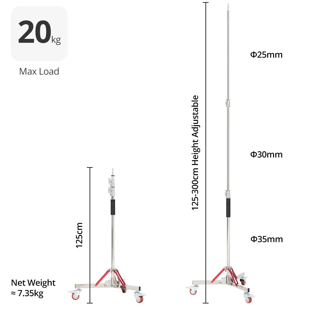 AMBITFUL Heavy Duty Light Stand with Casters, 100% Stainless Steel Max Height 10ft/305cm, Photography Wheeled Base Stand for Studio Softbox, Monolight, Reflector(AS-300