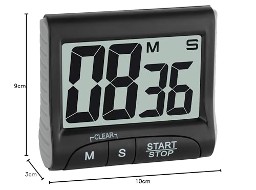 TFA Dostmann Digitaler Timer und Stoppuhr, 38.2021.01, Multifunktionstimer, Countdown-Uhr bis 99min/59s, elektronische Eieruhr, mit Display, Memory-Funktion, große Ziffern, mit Magnet/Ständer, schwarz
