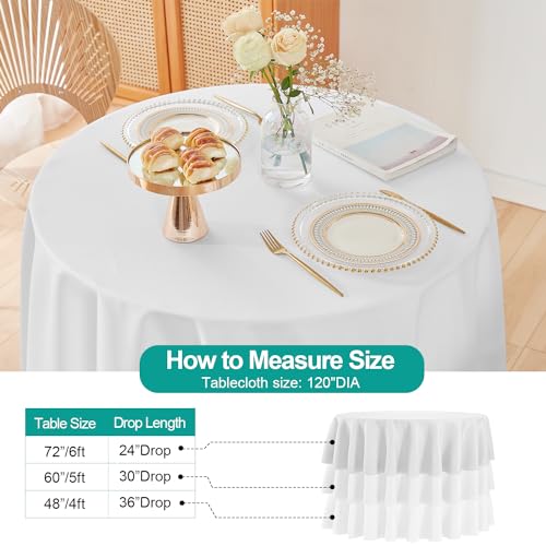 EMART Runde Tischdecke, 120 Zoll Durchmesser, Weiß, 100 % Polyester, Bankett, Hochzeit, Party, Picknick, Kreis, Tischdecken (1 Packung)