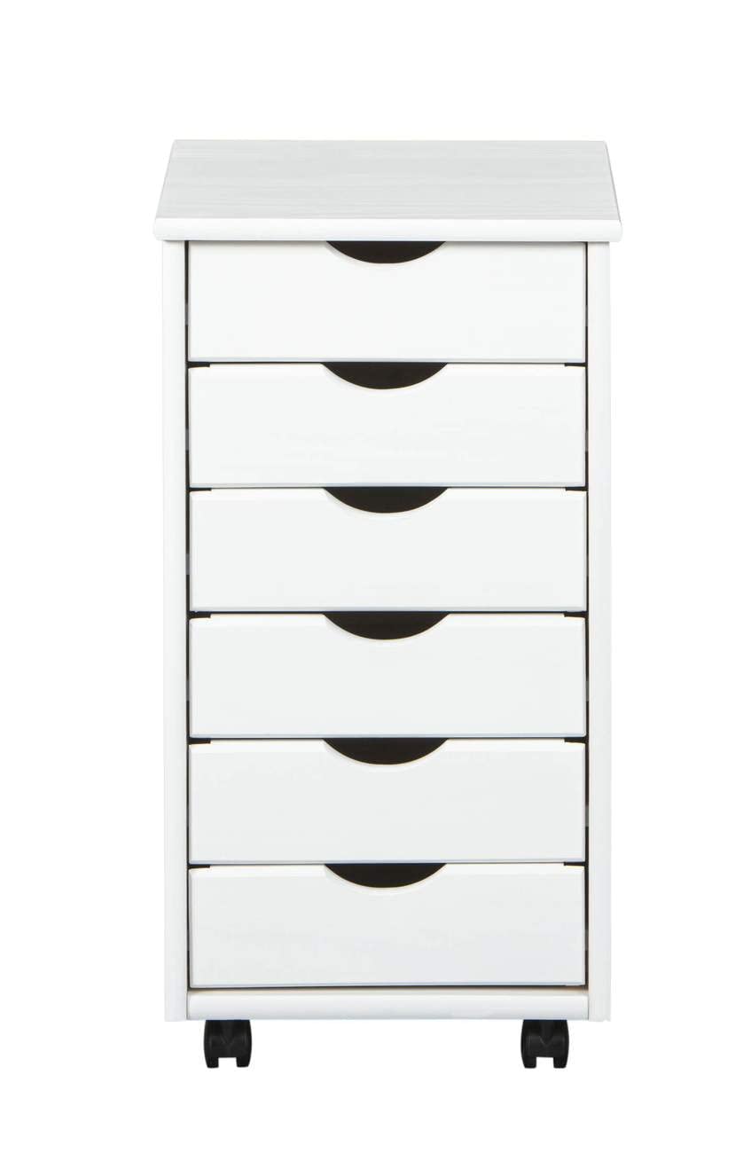 Inter Link – Rollcontainer – Rollcontainer mit 6 Schubladen – Bürocontainer - Rollschrank – Rollwagen – Schubladenkommode - Massiv Kieferholz – Weiß Lackiert - 35 x 40 x 65 cm - Simon