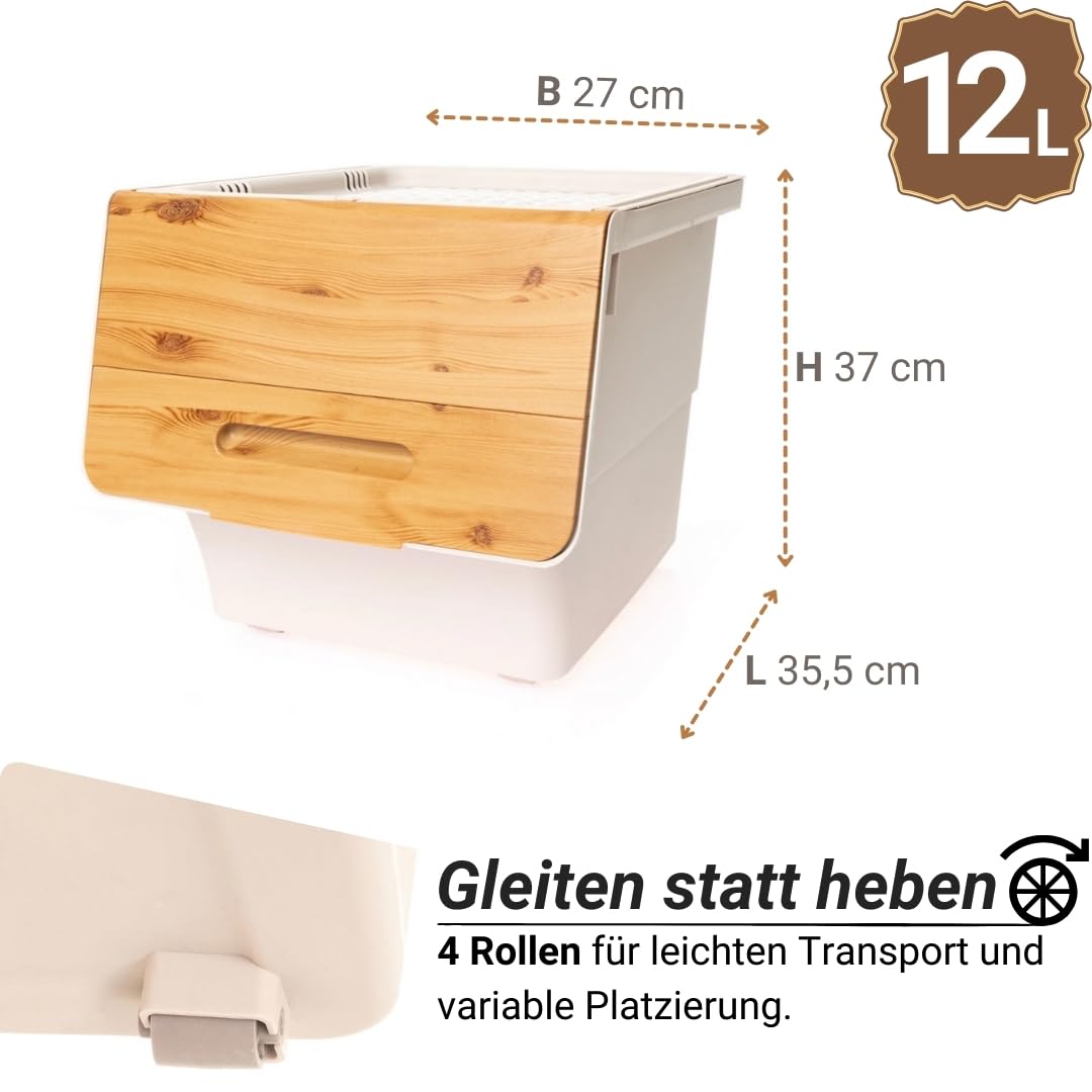 Parpalinam 12L Aufbewahrungsbox mit Deckel und Rollen, stapelbare Aufbewahrungsboxen, hochwertige Kartoffel Ordnungsboxen, BPA-freier und lebensmittelechter Organizer (Bambus/Beige)