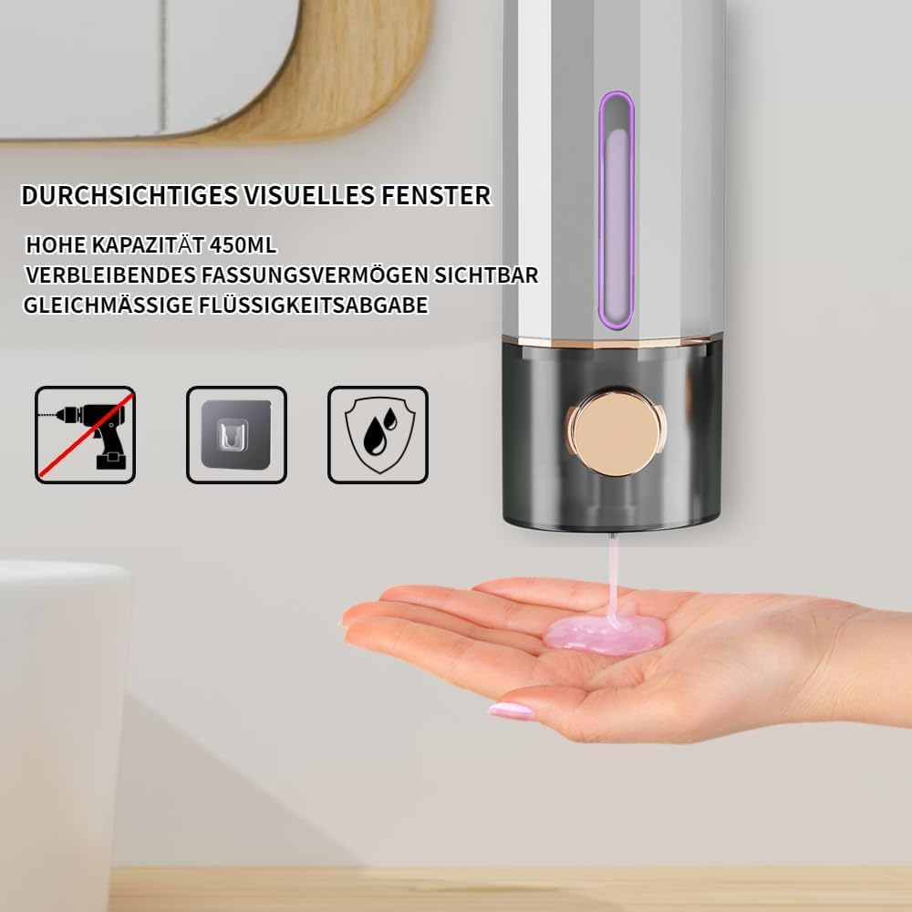 Seifenspender Wandbefestigung 2er Set – Ohne Bohren, 450 ml – Nachfüllbarer Duschgel- und Seifenspender mit transparentem Sichtfenster – Ideal für Badezimmer, Waschbecken und Dusche