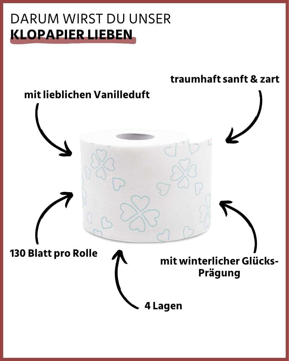 Glücksblatt Toilettenpapier SAMTWEICH mit Vanilleduft, 4-lagig, 56 Rollen x 130 Blatt, 100% Zellstoff, superweiches Klopapier mit Glücks-Prägung, WC Papier, Verpackung aus mind. 30% PCR