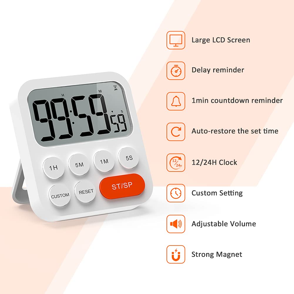 LIORQUE Digitaler Küchentimer Magnetisch Stoppuhr Timer mit Uhr, Magnet, 3-stufiger Lautstärke, LCD Anzeige für Kochen, Sport, Studieren, 2 AAA Batterien inklusive Rot