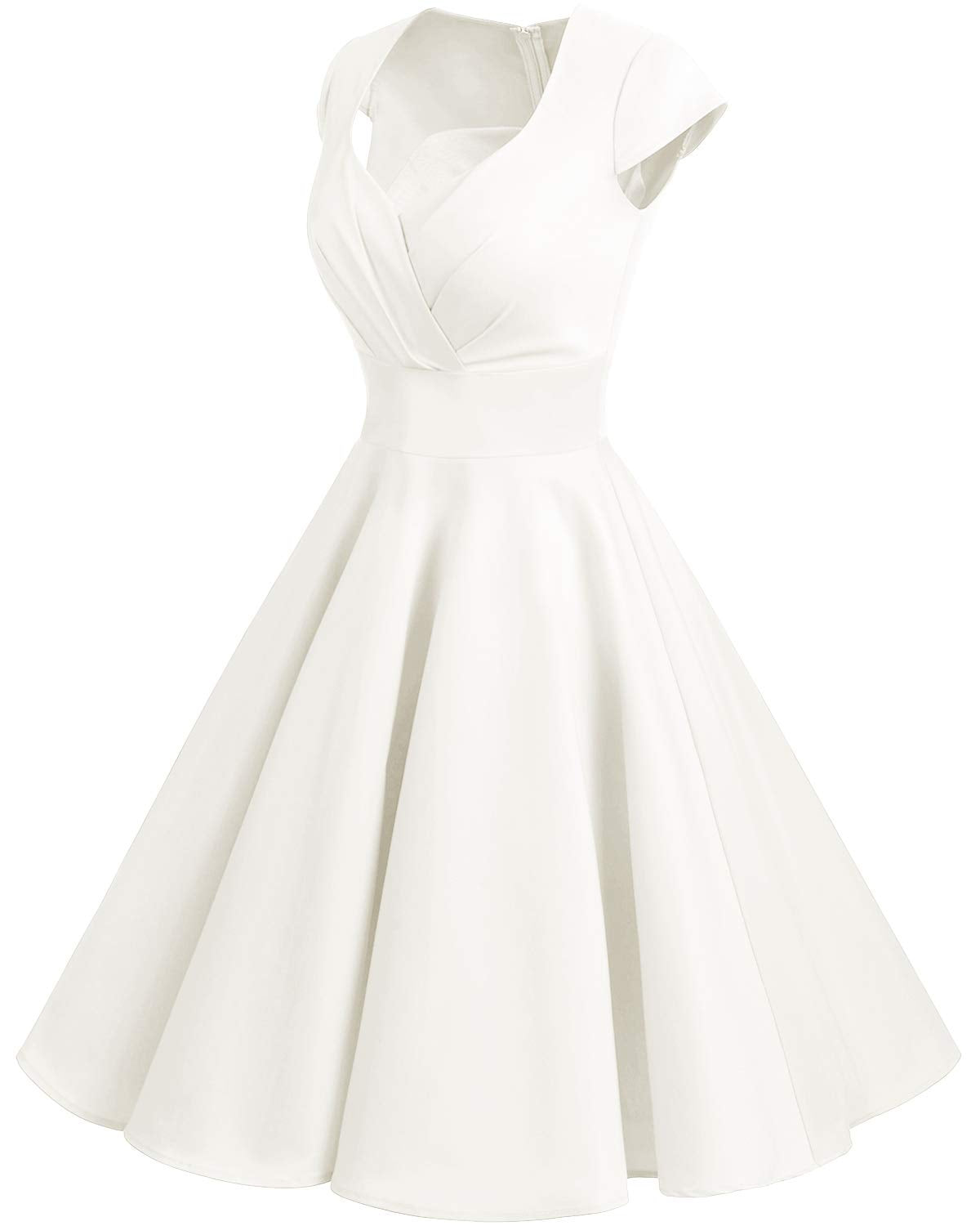 bbonlinedress 1950er Vintage Retro Cocktailkleid Rockabilly V-Ausschnitt Faltenrock White (Creme) M