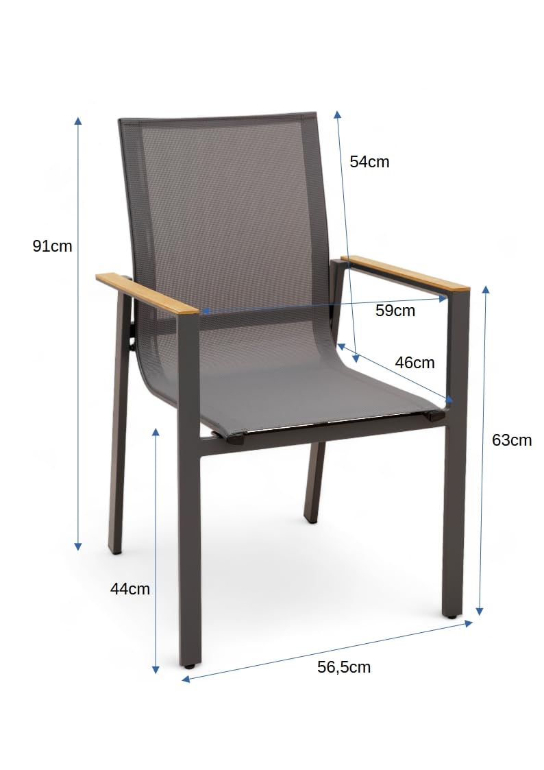 ALEOS. Gartengarnitur Gartenset Aluminium Teak Set mit quadratischem Ausziehtisch 180x90cm auf 240cm ausziehbar + 6 Stapelstühle anthrazit Trinidad