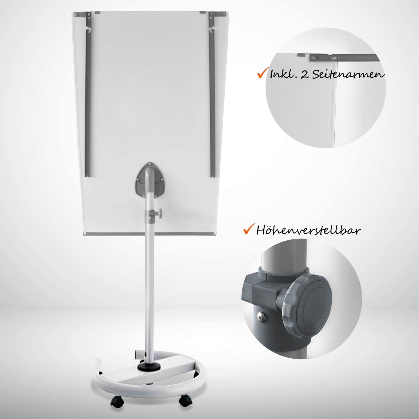 OfficeMarshal Flipchart Whiteboard mobil mit Rollenfuss Ständer 73x105cm | Höhenverstellbar bis 210cm, Beschreibbar, Trocken abwischbar, magnetisch | Flip Chart mit Magnettafel rollbar & Seitenarmen
