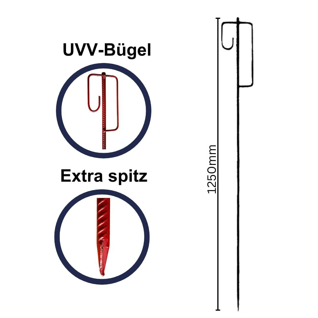 KRUSE 10 x Laterneneisen mit UVV-Bügel - 125 cm Ø 12 mm- Absperrleinenhalter Berliner Modell, angeschmiedete Spitze - rot tauchlackiert