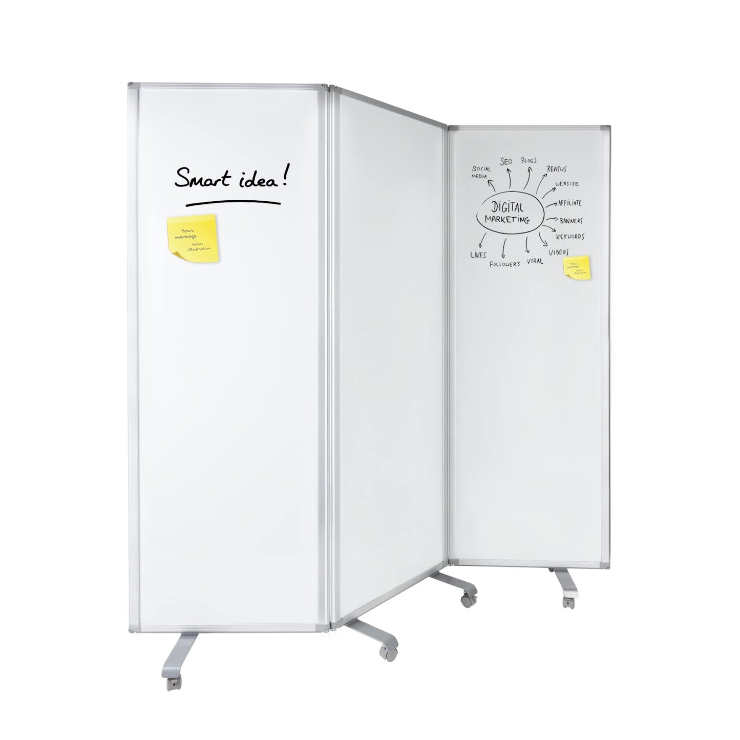 MOB Präsentationswand - Mobile Trennwand - Whiteboard - magnetisch & klappbar - Stellwand Trennwand Raumteiler - Pinnwand mit feststellbaren Rollen - doppelseitig nutzbar (180 x 180 cm)