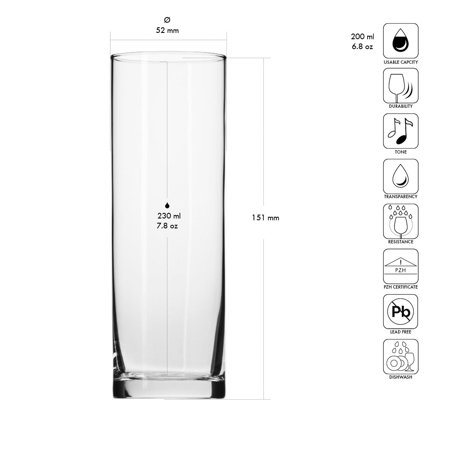 Krosno Getränke Glas Wassergläser, zartes, leichtes Glas| 6-teiliges Set | 200 ml | Pure Kollektion | Perfekt für Zuhause, Restaurants und für Partys und Veranstaltungen | Spülmaschinenfest