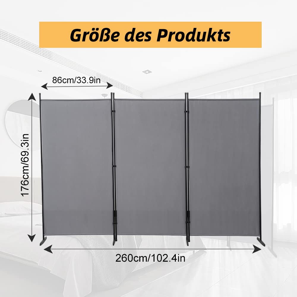 Mingone Raumteiler Trennwand Innen Garten Stellwand Spanische Wand Balkon Sichtschutz Paravent aus Stoff 3 teilig für Büros 260x180cm Groß, Anthrazit