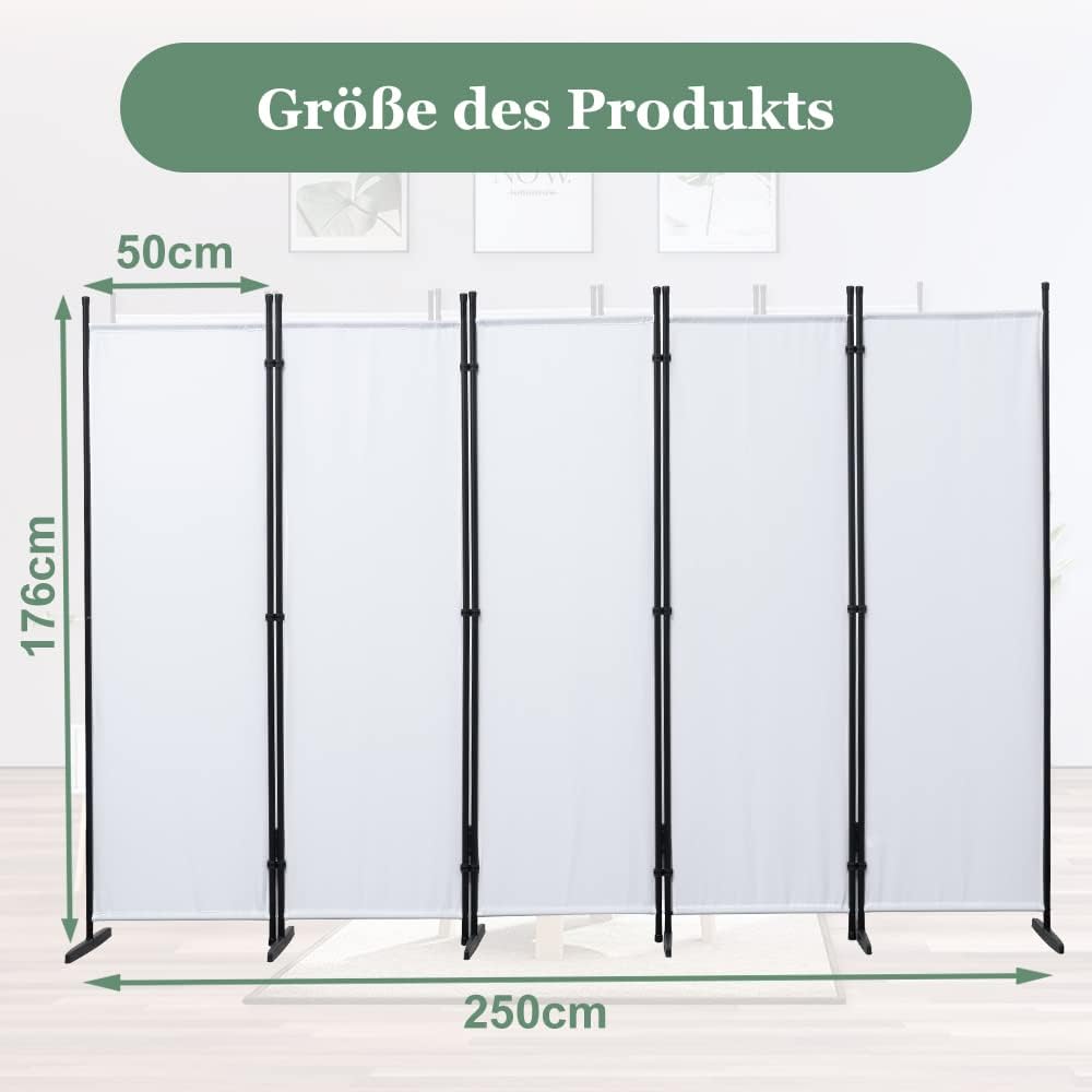 Mingone Raumteiler Trennwand Paravent 5-TLG. Sichtschutz Faltbar mit Metallrahmen Polyester-Mischgewebe für Wohnzimmer, Schlafzimmer, Küche, Büro, Balkon, Garten, Weiß, 250x176cm