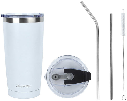 Rosenstein & Söhne Isolierbecher 600 ml – Edelstahl, Weiß, inkl. Deckel & Edelstahl-Strohhalmen