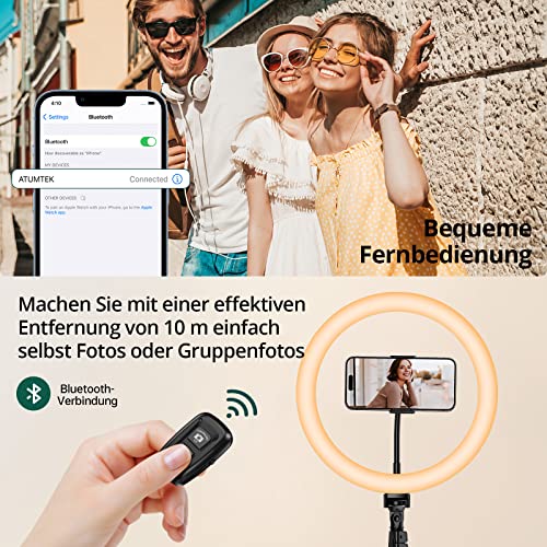 ATUMTEK 12" Selfie-Ringlicht mit 63" Ausziehbarem Stativ, Selfie-Licht mit Handyhalter und Bluetooth-Fernbedienung, Dimmbares LED-Ringlicht für Streaming, TikTok, Zoom, Vlogging, YouTube usw.