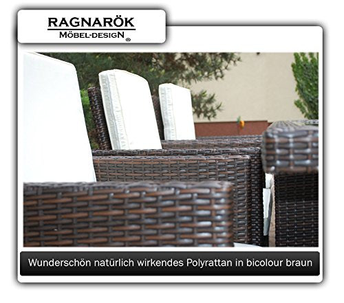 Ragnarök-Möbeldesign PolyRattan Essgruppe DEUTSCHE Marke - EIGNENE Produktion Tisch + 6 Stuhl & 4 Hocker - 8 Jahre GARANTIE - Garten Möbel incl. Glas und Sitzkissen braun Gartenmöbel