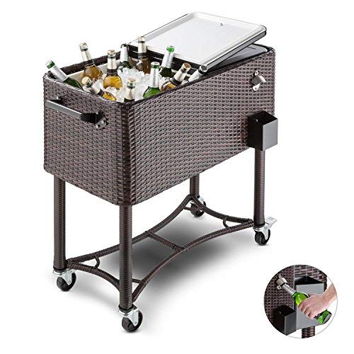 Blumfeldt Springbreak - Servierwagen, Beistellwagen, Getränkewagen, Poly-Rattan Gehäuse, Volumen: 80 Liter, Kühlbox, doppelseitiger Klappdeckel, braun
