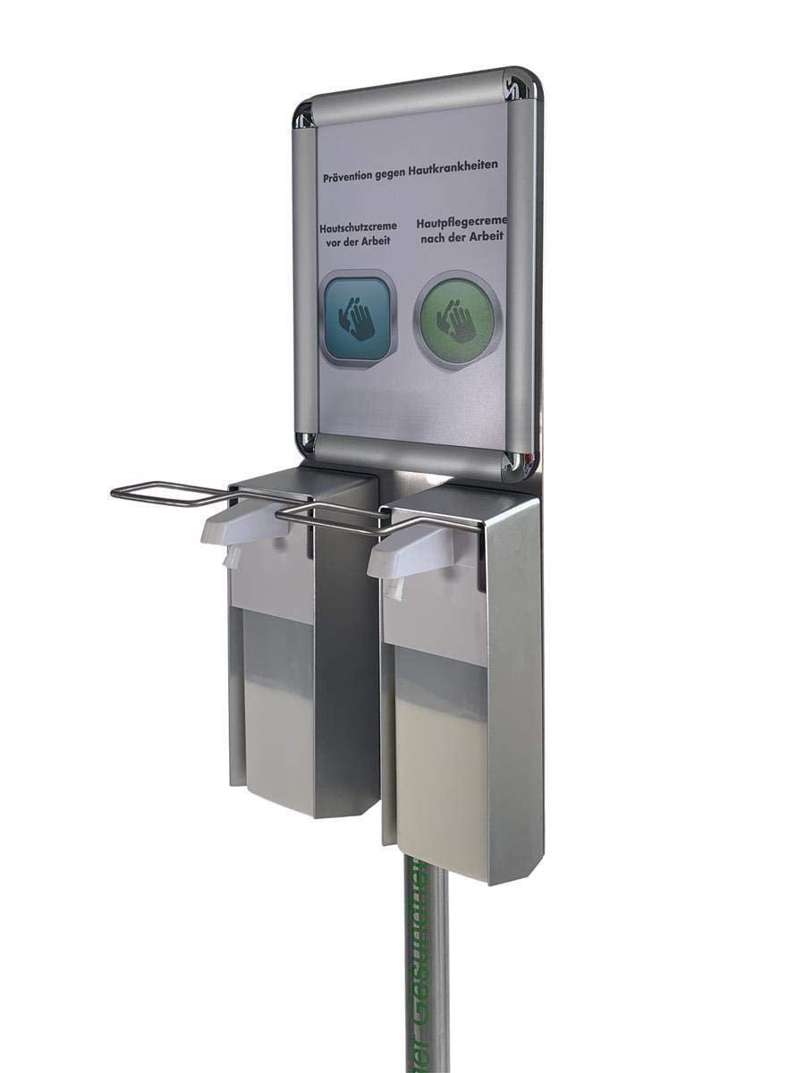 Mobile doppel Hygienestation HS-400 mit Schild für z.B Desinfektionsmittel und Handpflegeprodukte | 2x 500ml Behälter | Sockel Edelstahl verkleidet