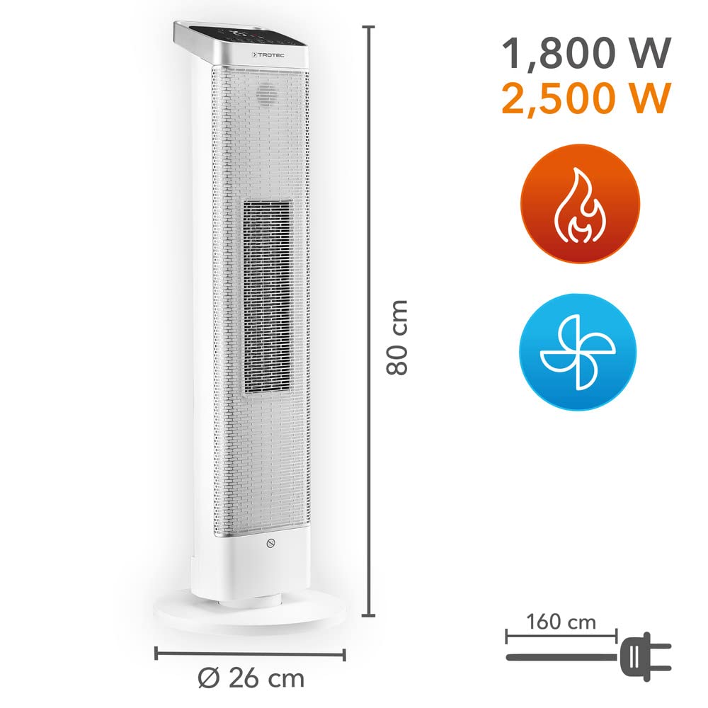 TROTEC Keramik Heizlüfter TFC 25 E – Heizleistung 1800 W / 2500 W – Heizung mit Thermostat, Raumgröße 30 m² bis 75 m³, Oszillationsfunktion 80°