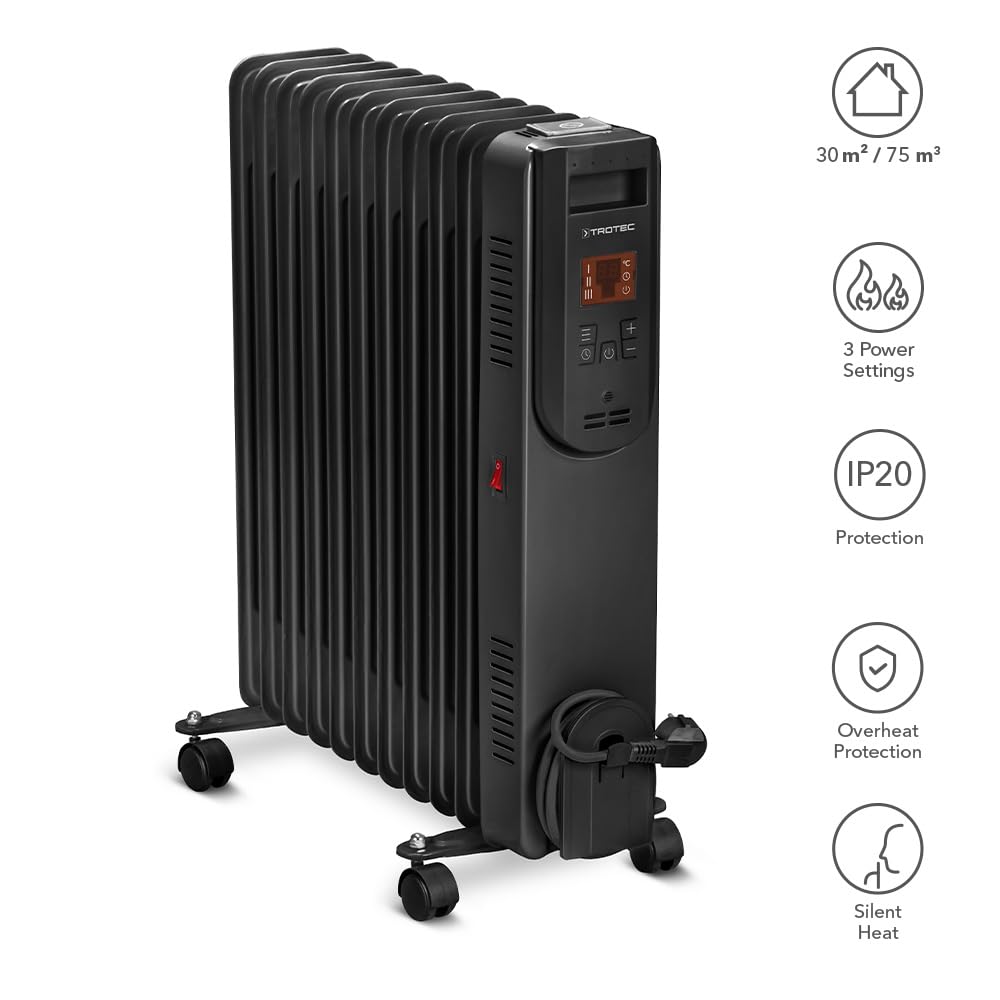 TROTEC Ölradiator TRH 25 E – Heizleistung 1000 W / 1500 W / 2500 W – Heizradiator elektrisch, 11 Rippen, mit Fernbedienung, schwarz