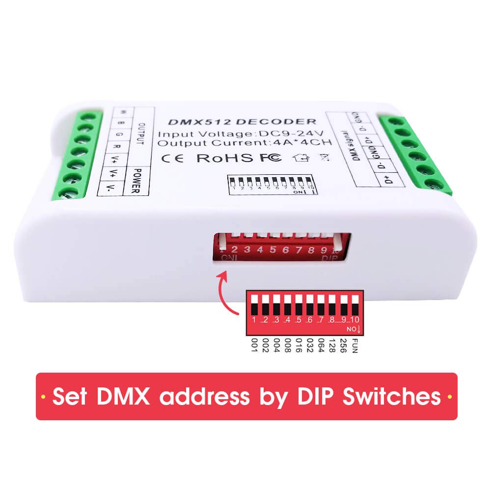 RGBW 4 Kanal DMX Decoder,Mini16A RGB RGBW LED Strip Controller DMX 512 Decoder Dimmer Treiber für RGBW RGB LED Strip Modul DC9-24V