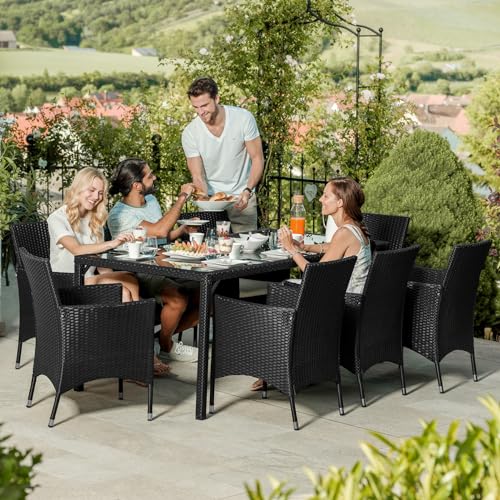 tectake® edles Outdoor Gartenmöbel Set Rattan Sitzgruppe mit Sessel und Tisch für 8 Personen, inkl. Schutzhülle und Polstern, Balkon Möbel wetterfest - schwarz/grau
