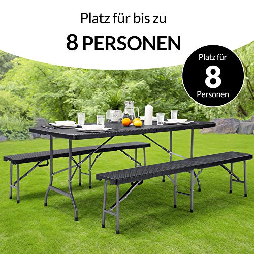 CASARIA® Bierzeltgarnitur 180 cm Klappbar Rattan Optik Kunststoff 2X Bierbank 1x Breiter Tisch Biertischgarnitur Festzeltgarnitur Campingtisch Schwarz