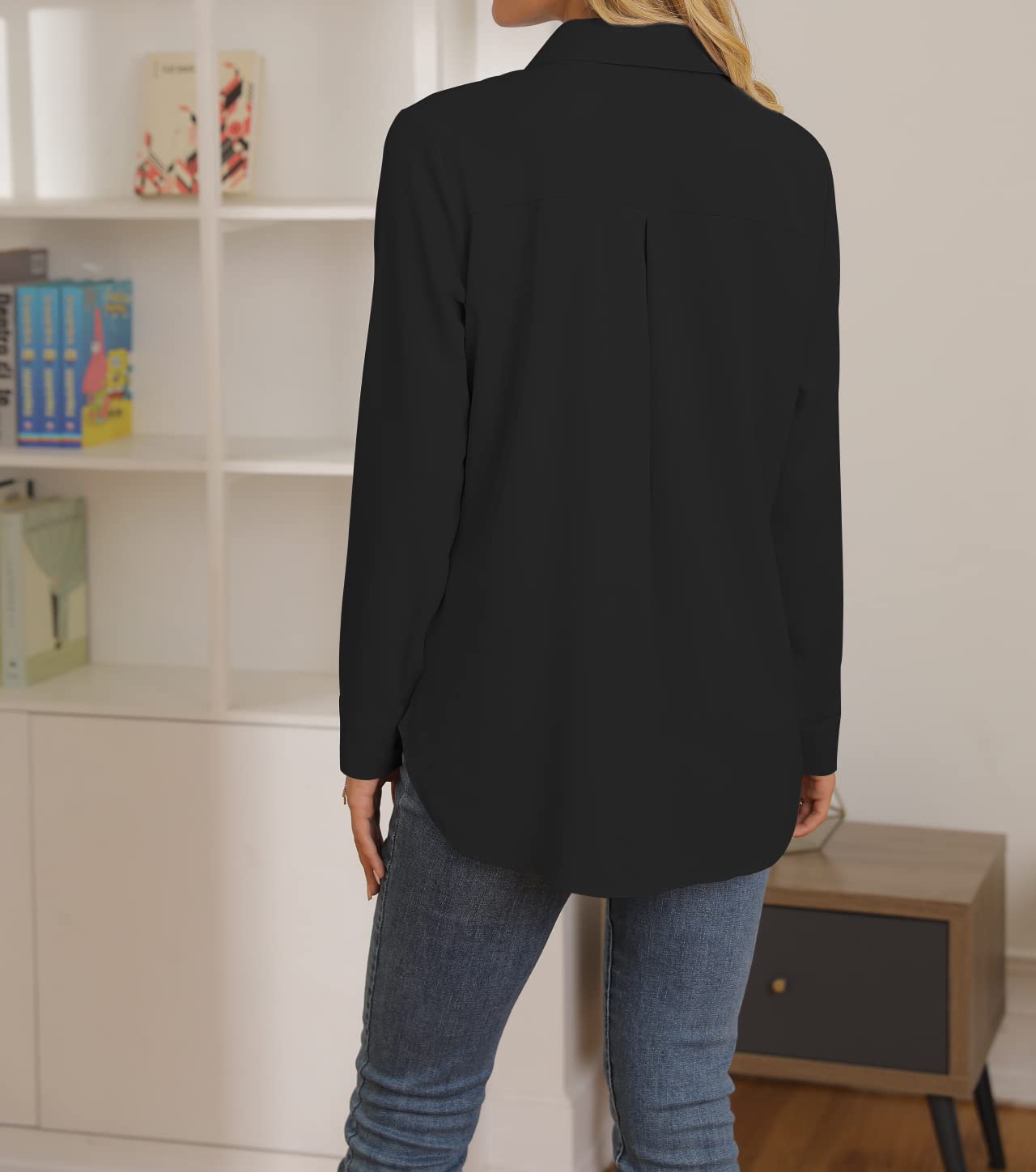 NONSAR Damen Bluse Elegant V-Ausschnitt Hemden Langarm Casual Arbeit Oberteile mit Knöpfen Hemd Lose Langarmshirt Einfarbig Tops(9337L,Schwarz)