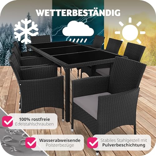 tectake® edles Outdoor Gartenmöbel Set Rattan Sitzgruppe mit Sessel und Tisch für 8 Personen, inkl. Schutzhülle und Polstern, Balkon Möbel wetterfest - schwarz/grau
