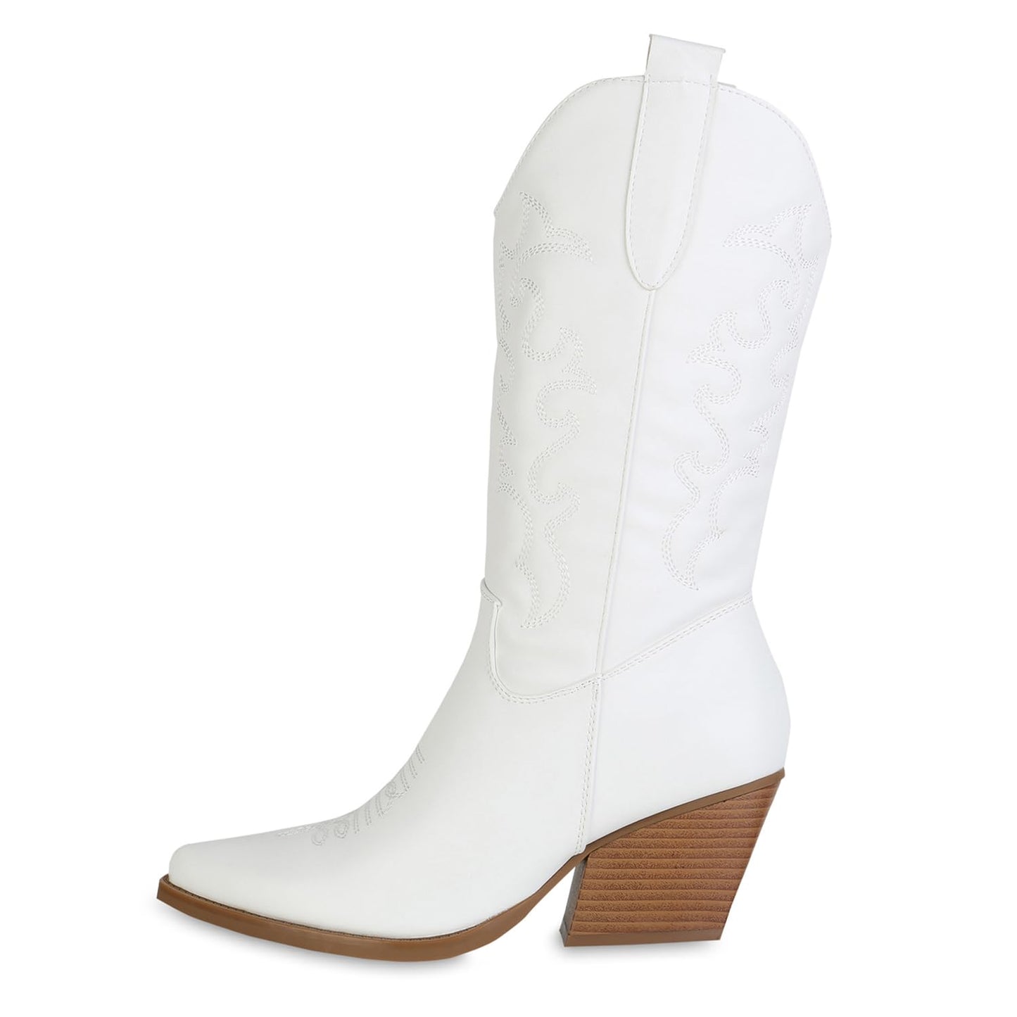 VAN HILL Damen Cowboystiefel Trichterabsatz Stickereien Trendy Schuhe 216057 Weiss 38
