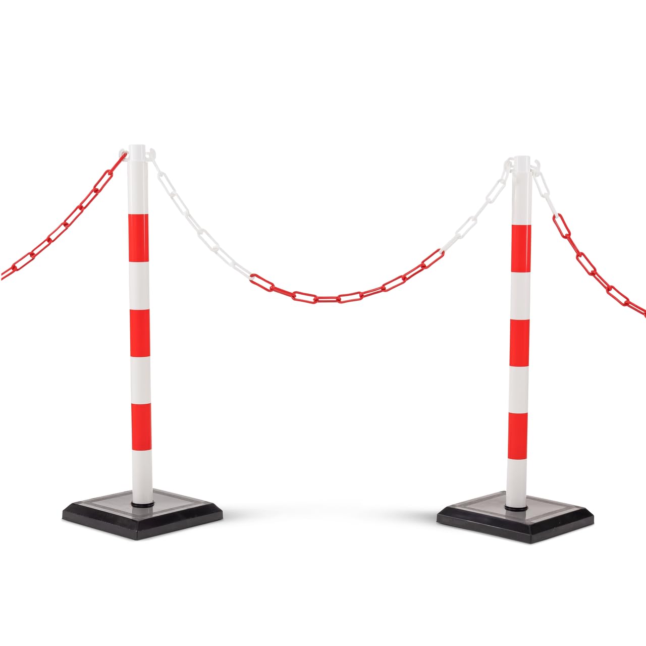 Steinbock Kettenständer 4 Stück | HxBxT 90 x 28 x 28 mm | 12,5 m Kettenlänge | Rot/Weiß | betongefüllte Fußplatte | Absperren von Innen- und Außenbereichen | standsicherer Ketten-Warnständer