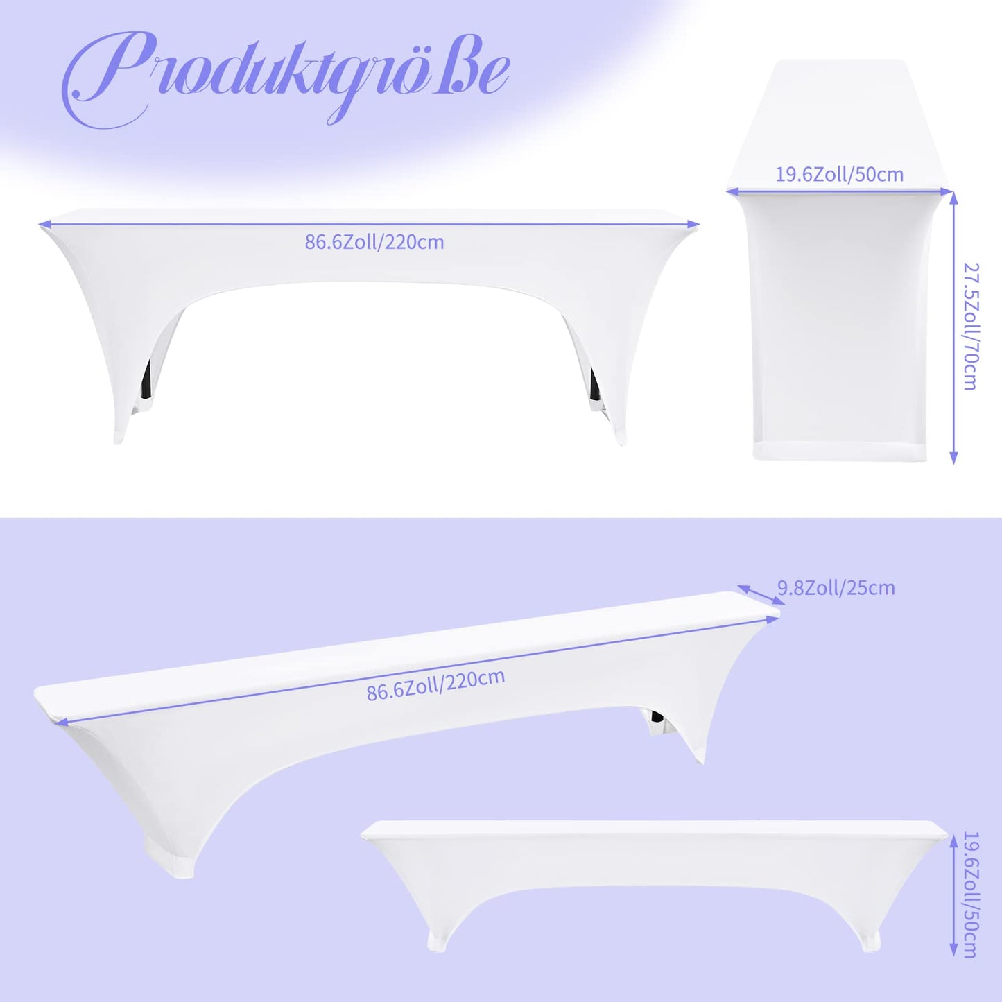 Zwei 6er-Set weiße Biertischhussen,Elastische Bierbankhusse und Tischdecken,Bierzeltgarnituren 220 x 50 x 70 cm, 50 cm Tischbreite, für Bankett Gartenmöbel Abdeckungen.